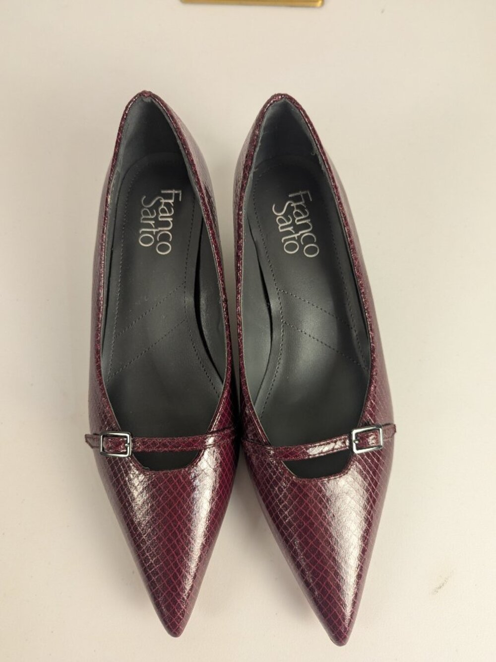 Franco Sarto Burgundy Metallic Snake Embossed Mary Jane Kitten Heels Size 6